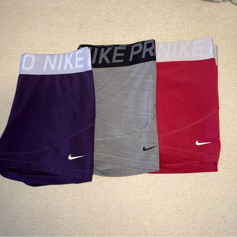 Bundle / Lot of 3 Womens Nike Pro Athletic Shorts - Purple, Gray, Red